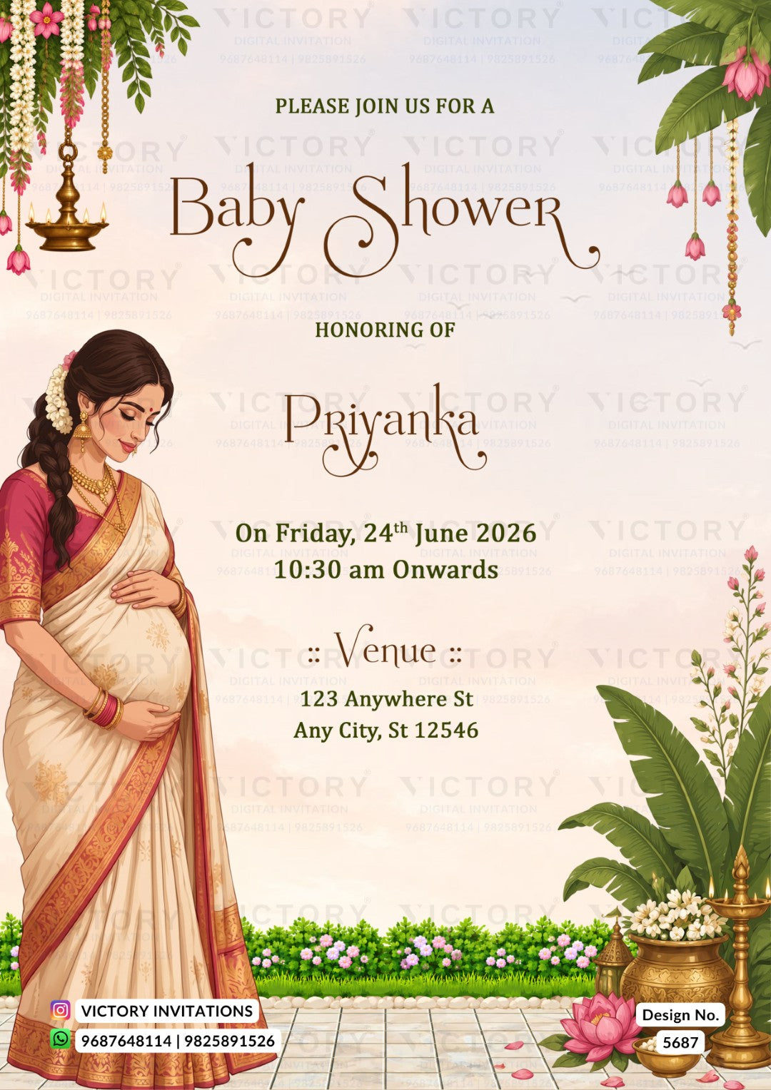 A baby shower invitation card featuring an illustration of a pregnant woman in a traditional Indian saree on the left, with decorative hanging flowers, plants, and a brass lamp on a light beige background. The text reads 'Please join us for a Baby Shower honoring of Priyanka On Friday, 24th June 2026 10:30 am onwards' and includes the 'VICTORY INVITATIONS' logo at the bottom.