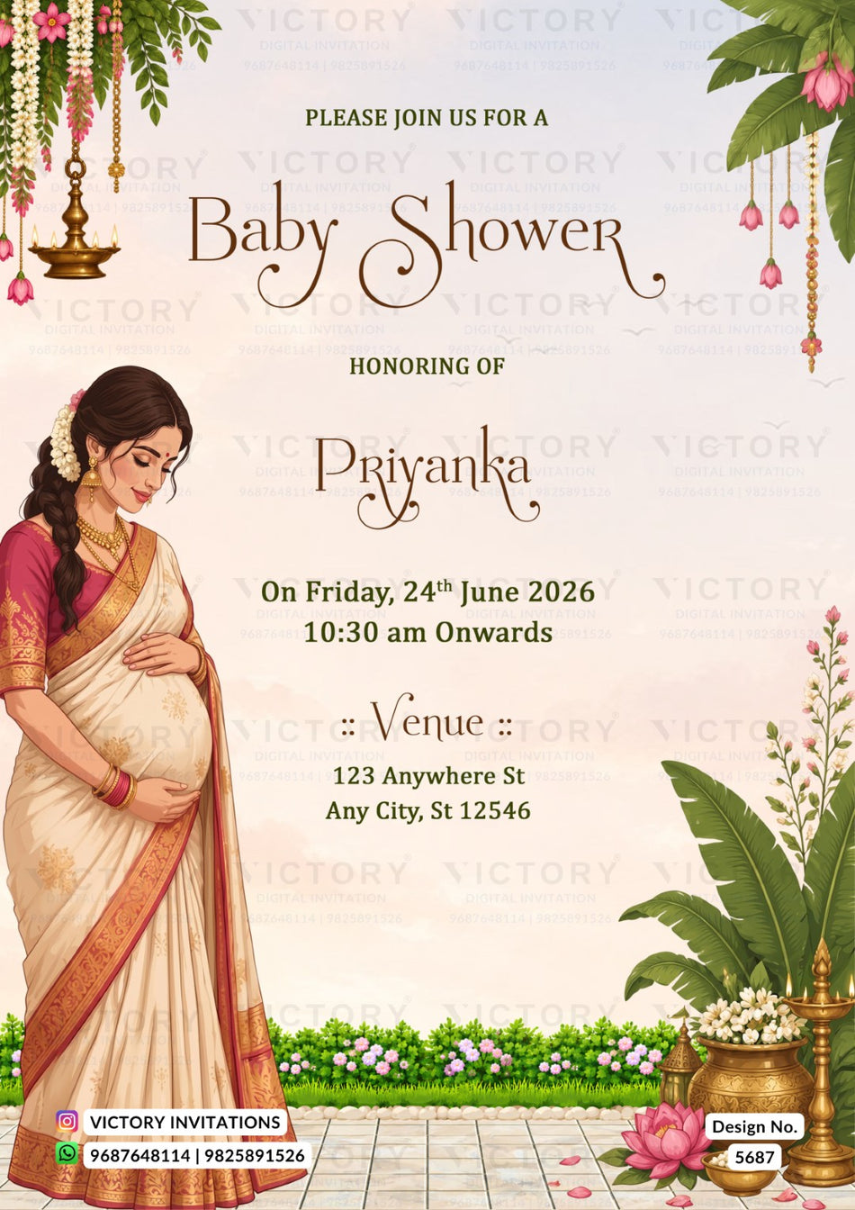 A baby shower invitation card featuring an illustration of a pregnant woman in a traditional Indian saree on the left, with decorative hanging flowers, plants, and a brass lamp on a light beige background. The text reads 'Please join us for a Baby Shower honoring of Priyanka On Friday, 24th June 2026 10:30 am onwards' and includes the 'VICTORY INVITATIONS' logo at the bottom.