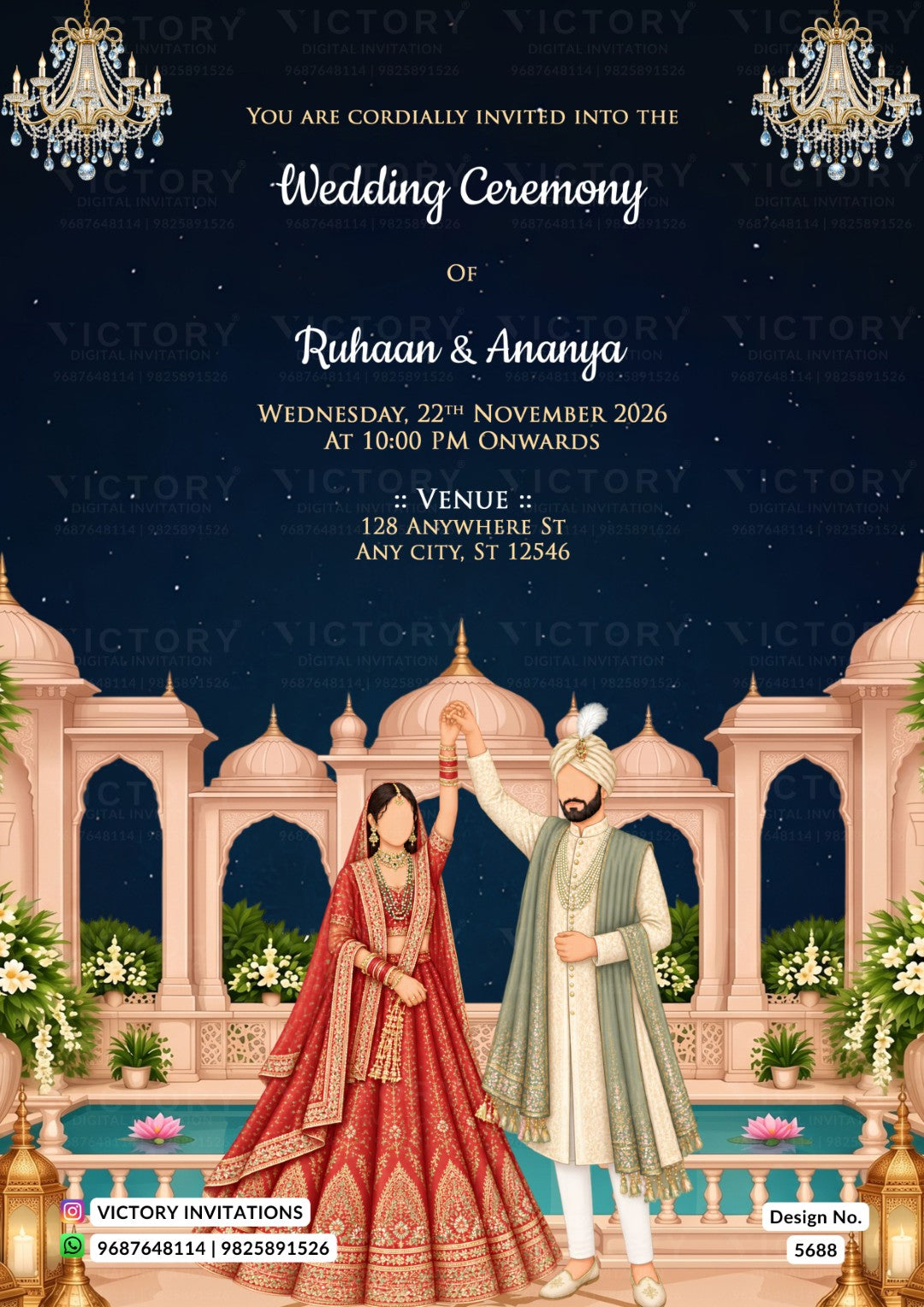 A digital wedding invitation card featuring a traditional Indian theme. The top half is dark navy blue with elegant white text for 'Ruhaan & Ananya' and wedding details, decorated with gold chandeliers.