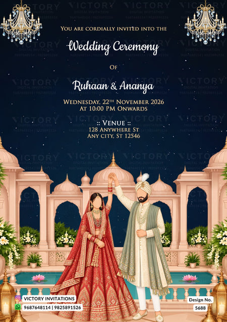 A digital wedding invitation card featuring a traditional Indian theme. The top half is dark navy blue with elegant white text for 'Ruhaan & Ananya' and wedding details, decorated with gold chandeliers.