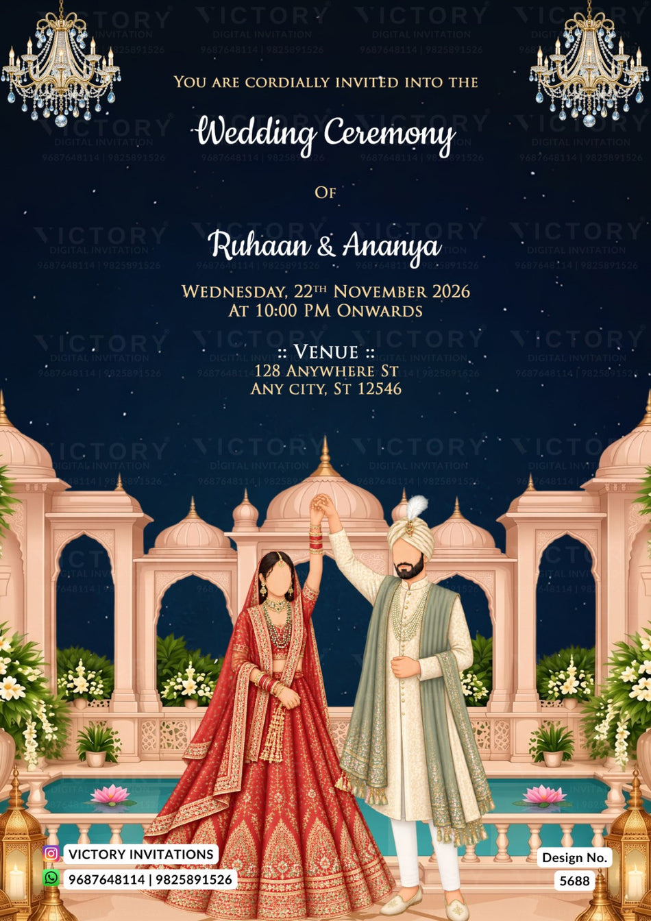 A digital wedding invitation card featuring a traditional Indian theme. The top half is dark navy blue with elegant white text for 'Ruhaan & Ananya' and wedding details, decorated with gold chandeliers.