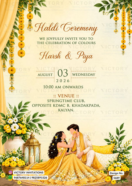 A festive Haldi Ceremony invitation card featuring a cream background with yellow floral garlands, yellow and white flowers, and an illustration of a couple in traditional Indian attire at the bottom. The text details the event for Harsh & Piya on Wednesday, August 03, 2026, at 10:00 AM onwards, at the Springtime Club in Kalyan.