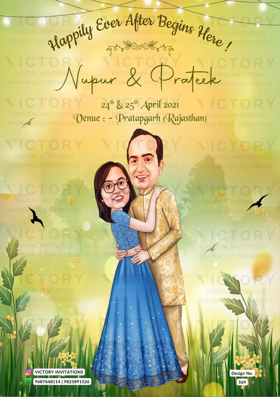 Romantic couple caricature invitation card for Save the Date in English language with grass, leaves, lights as garden theme design 569