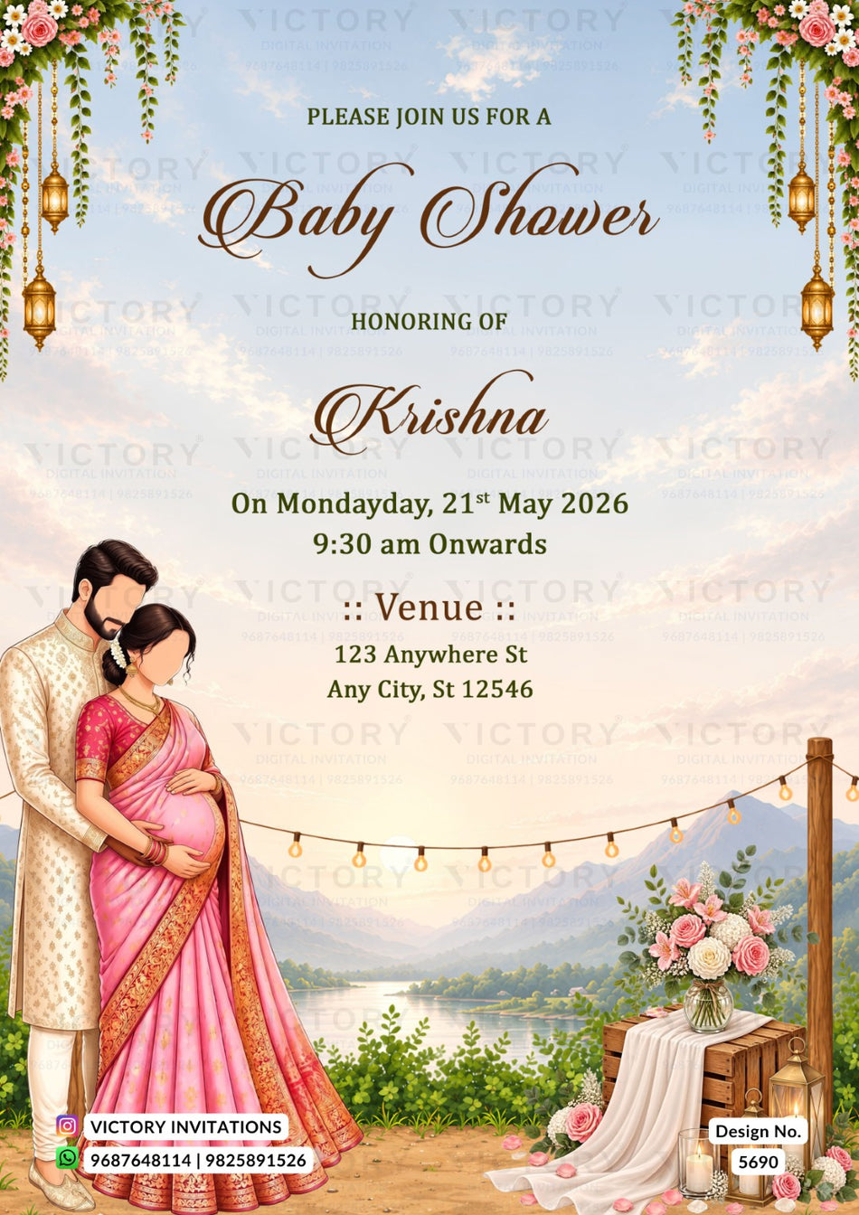 Baby Shower ceremony invitation card in english language with Lake View Outdoor Baby Shower Suite theme design 5690