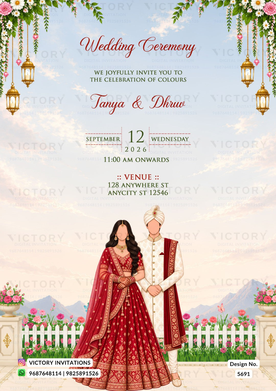 A digital preview of a custom wedding invitation card featuring an illustrated couple in traditional Indian attire, a red wedding dress, and a white fence, set against a sky background with hanging lanterns and floral decorations.