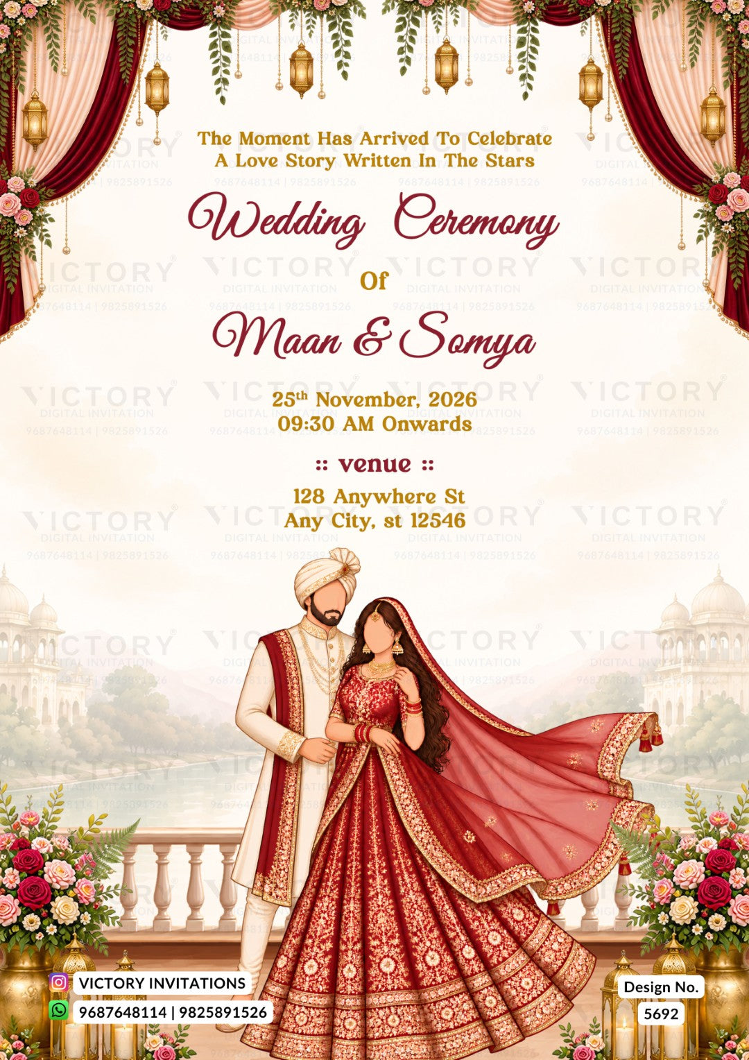 A digital Indian wedding invitation card featuring a couple in traditional red and gold attire, set against a scenic background of a palace and river, framed by red curtains and floral arrangements. The text details the wedding of Maan & Somya on 25th November, 2026, at 09:30 AM at 'Anywhere St, Any City, at 12346'.