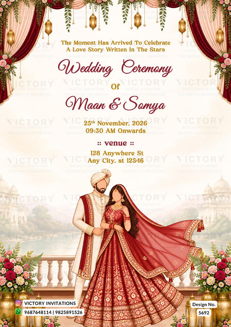 A digital Indian wedding invitation card featuring a couple in traditional red and gold attire, set against a scenic background of a palace and river, framed by red curtains and floral arrangements. The text details the wedding of Maan & Somya on 25th November, 2026, at 09:30 AM at 'Anywhere St, Any City, at 12346'.