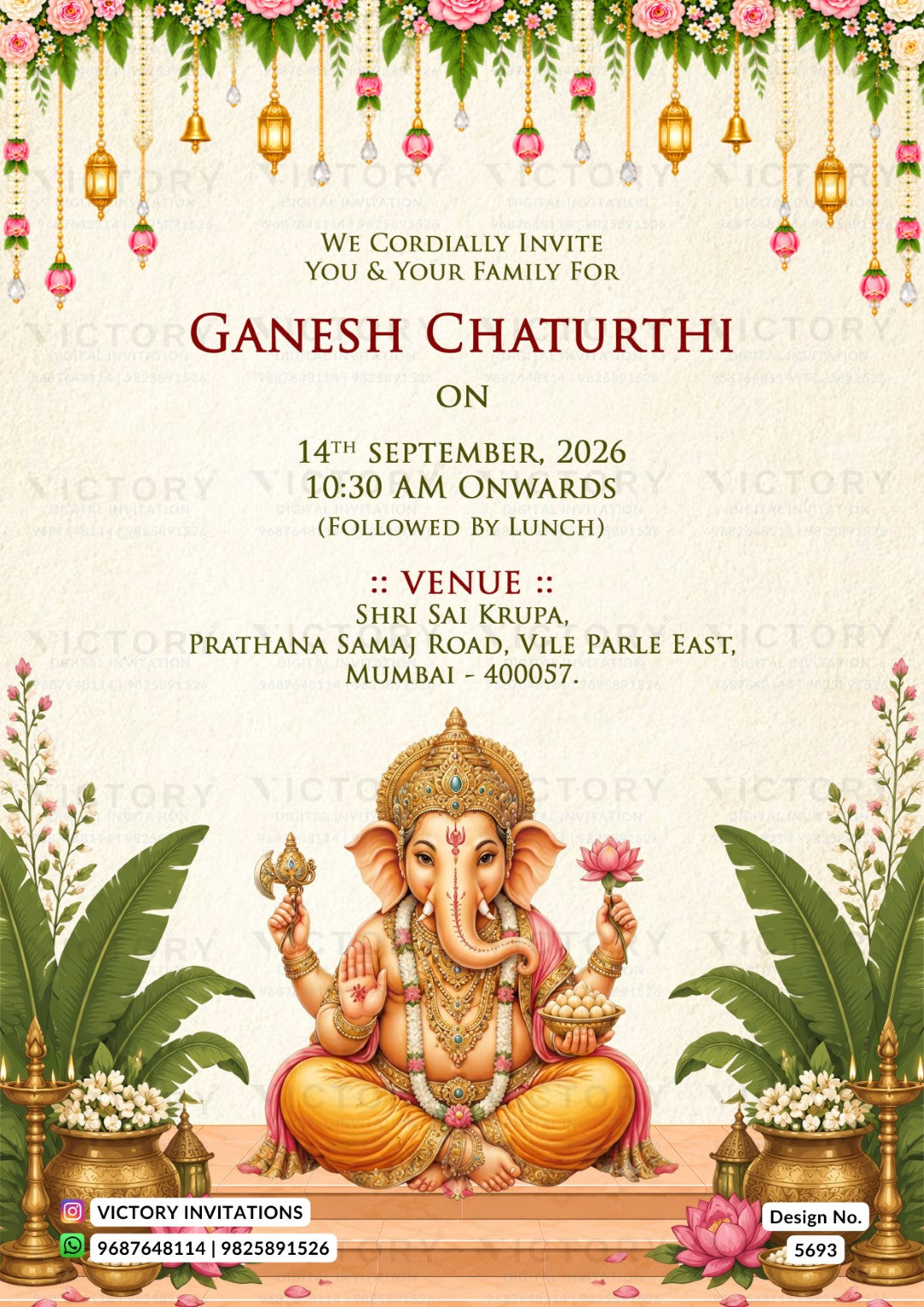 Ganesh Chaturthi event invitation card featuring a central illustration of Lord Ganesha seated on a lotus, with decorative hanging lamps, flowers, and green leaves at the top and bottom. Text details the date, time, and venue in Mumbai.