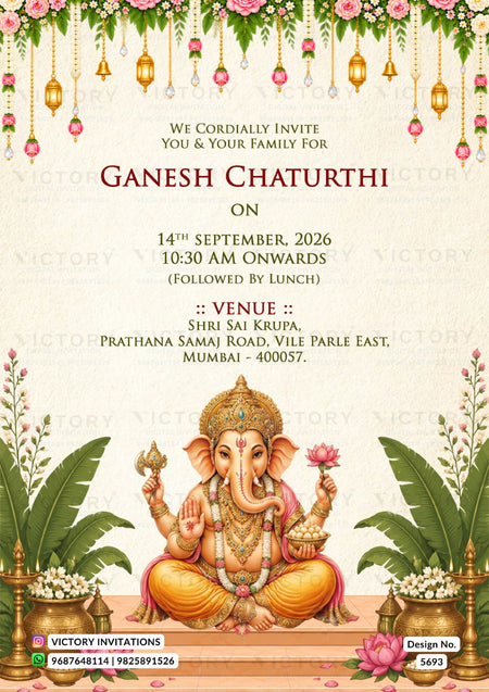 Ganesh Chaturthi event invitation card featuring a central illustration of Lord Ganesha seated on a lotus, with decorative hanging lamps, flowers, and green leaves at the top and bottom. Text details the date, time, and venue in Mumbai.