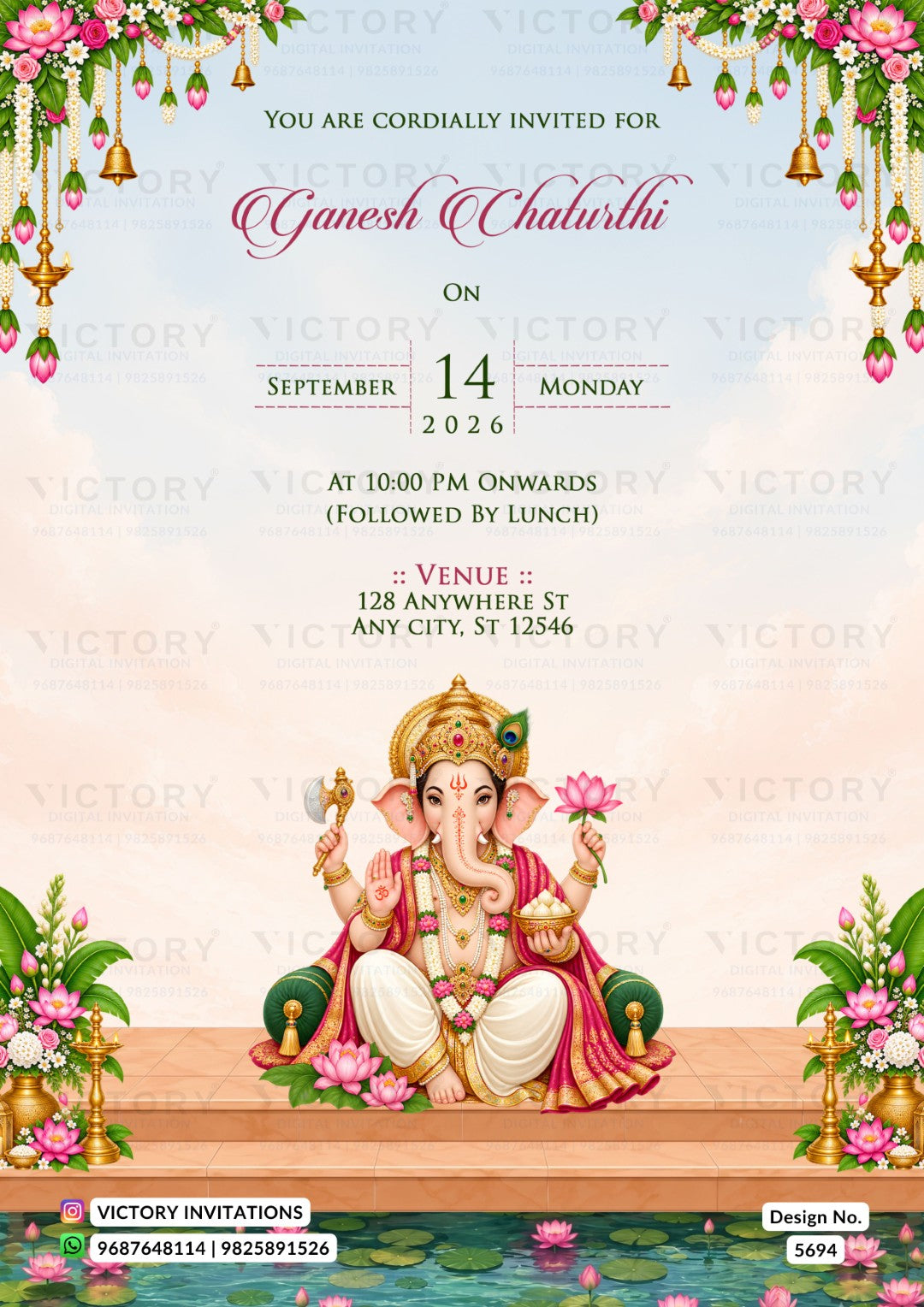 Ganesh Chaturthi party invitation card featuring a colorful illustration of Lord Ganesha seated on a wooden platform with lotus flowers, framed by hanging bells and pink flowers at the top and bottom. The text details the event date, time, and venue.