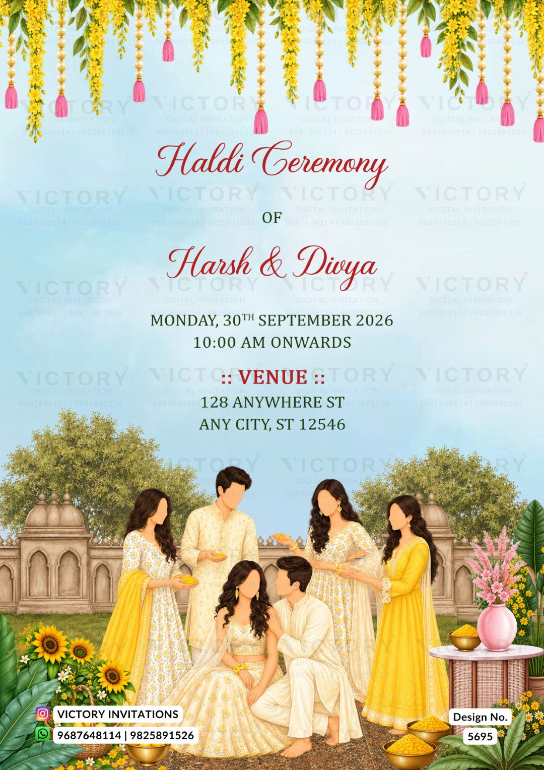 A Haldi Ceremony invitation card featuring a traditional Indian illustration of a group of children in yellow and white garments near sunflowers and a fountain, with text details for the event and a yellow hanging floral border at the top.