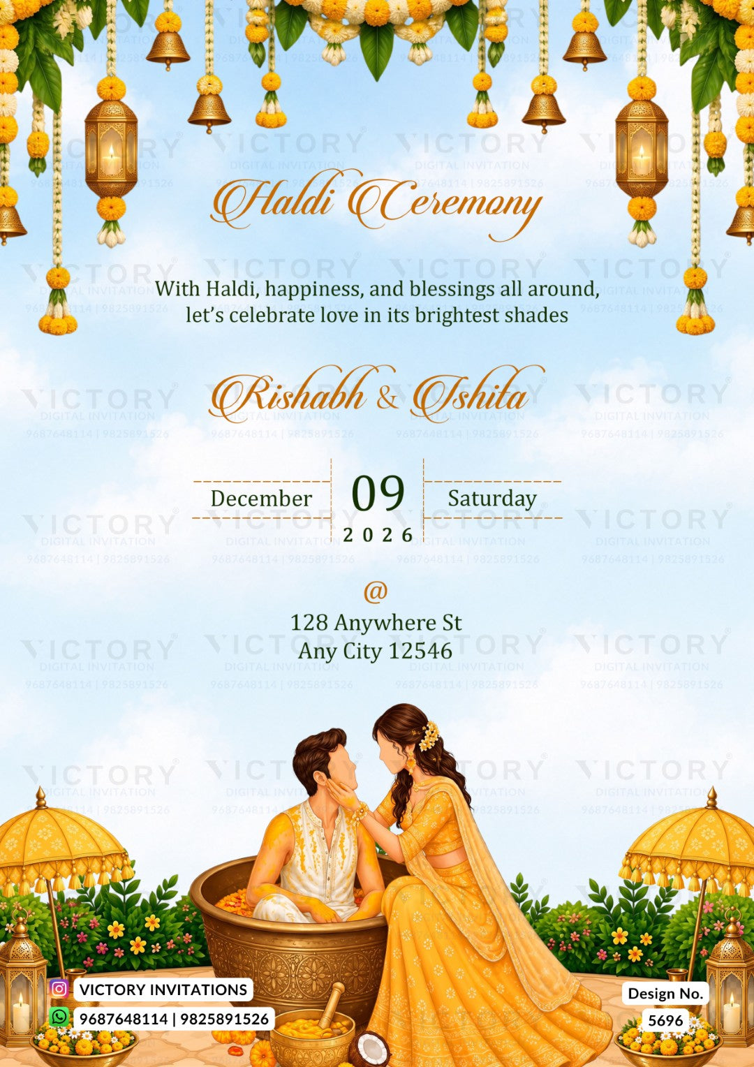 A festive Haldi Ceremony invitation card featuring a light blue sky background, hanging golden lanterns and green leaves at the top, and an illustration of a couple in traditional Indian attire sitting in a brass tub at the bottom. The text reads 'Haldi Ceremony' and includes the names 'Rishabh & Oshta' along with placeholder event details and contact information for 'Victory Invitations'.