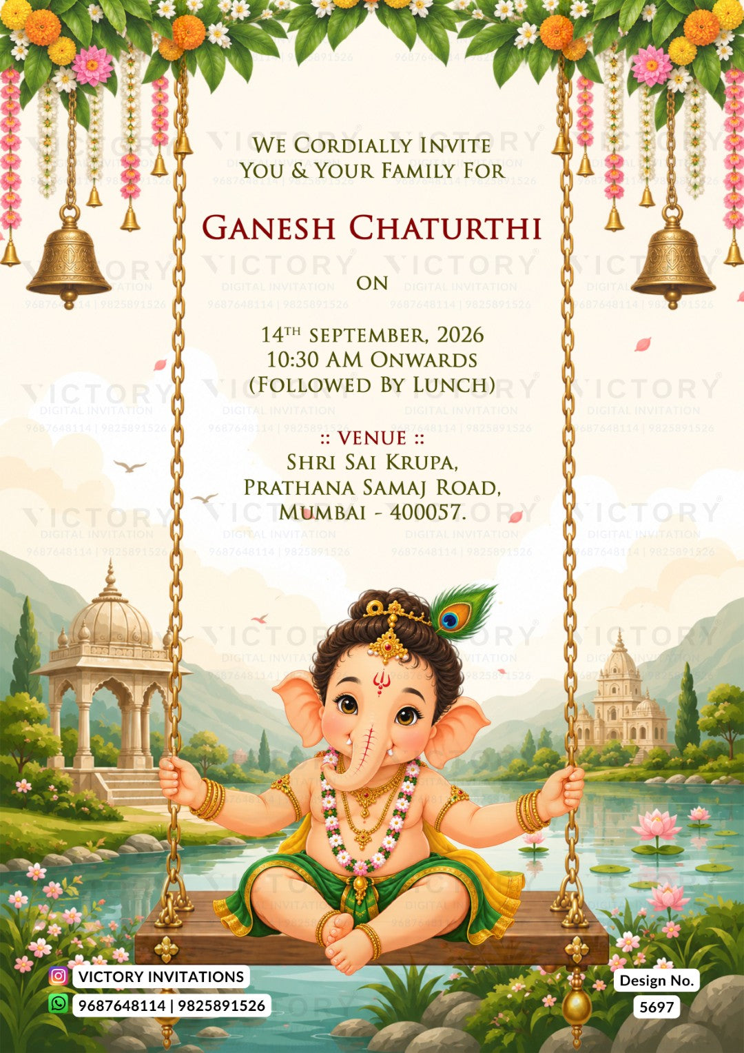 A festive Ganesh Chaturthi invitation card featuring a cartoon illustration of Lord Ganesha sitting on a swing in front of a lake and temple landscape. The card has floral garlands, hanging bells, and event details printed in the center, with Victory Invitations branding at the bottom.