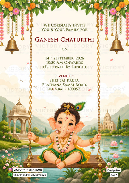 A festive Ganesh Chaturthi invitation card featuring a cartoon illustration of Lord Ganesha sitting on a swing in front of a lake and temple landscape. The card has floral garlands, hanging bells, and event details printed in the center, with Victory Invitations branding at the bottom.