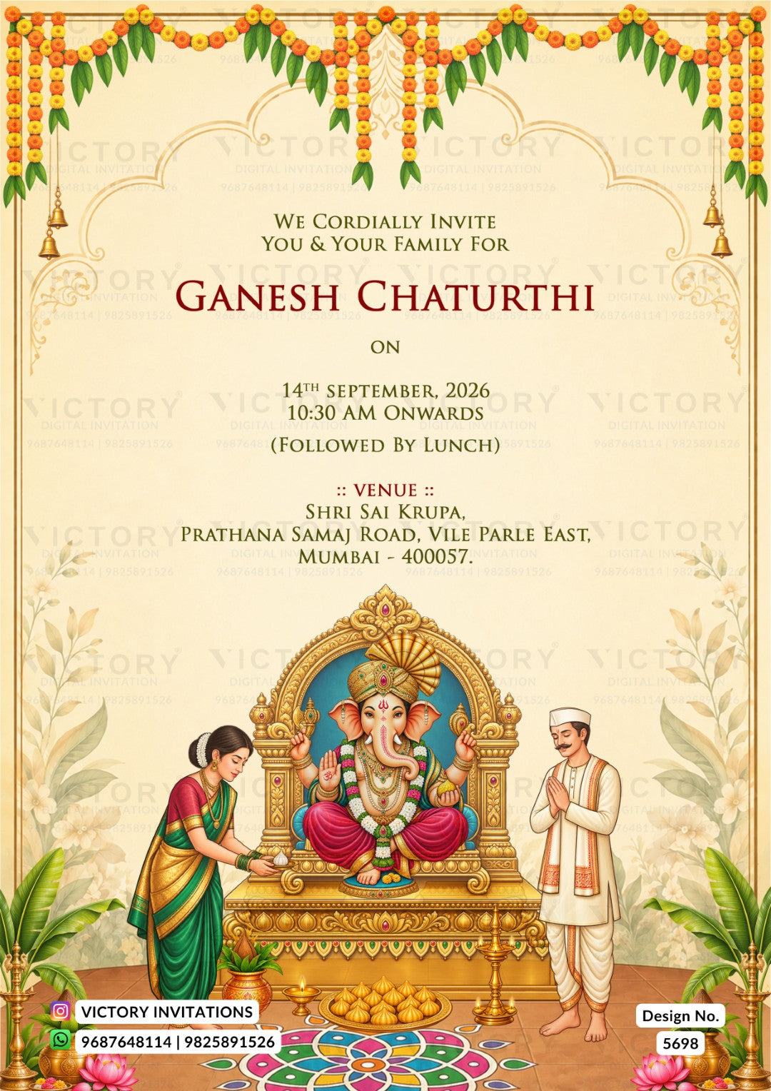 A festive Ganesh Chaturthi invitation card with ornate gold arches, hanging marigold garlands, and an illustration of Lord Ganesha seated on a golden throne, alongside a woman in a green saree and a man in traditional attire. Text details the event date, time, and venue.