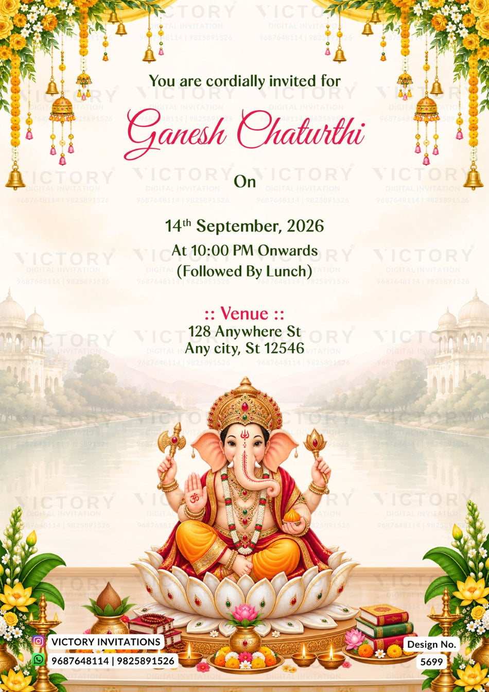 Ganesh Chaturthi event invitation card featuring a seated Lord Ganesha on a lotus by a river, with hanging lanterns and flowers at the top, event text in the center, and decorative floral corners. The card includes the brand name VICTORY Invitations at the bottom.