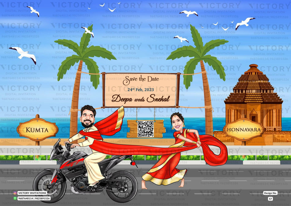 Bollywood couple caricature invitation card for Save the Date in English language with temple as beach theme design 57