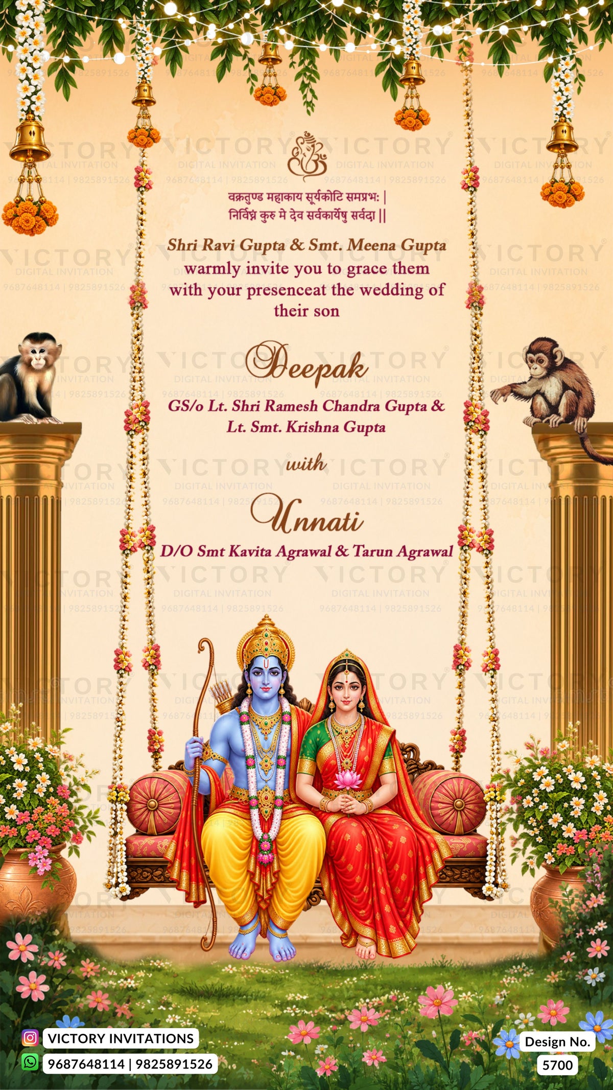 A decorative wedding invitation card featuring a seated Hindu deity and bride on ornate swings, with floral garlands, monkeys, pillars, and formal invitation text on a warm cream background. The card includes Victory Invitations branding and design number 5700.