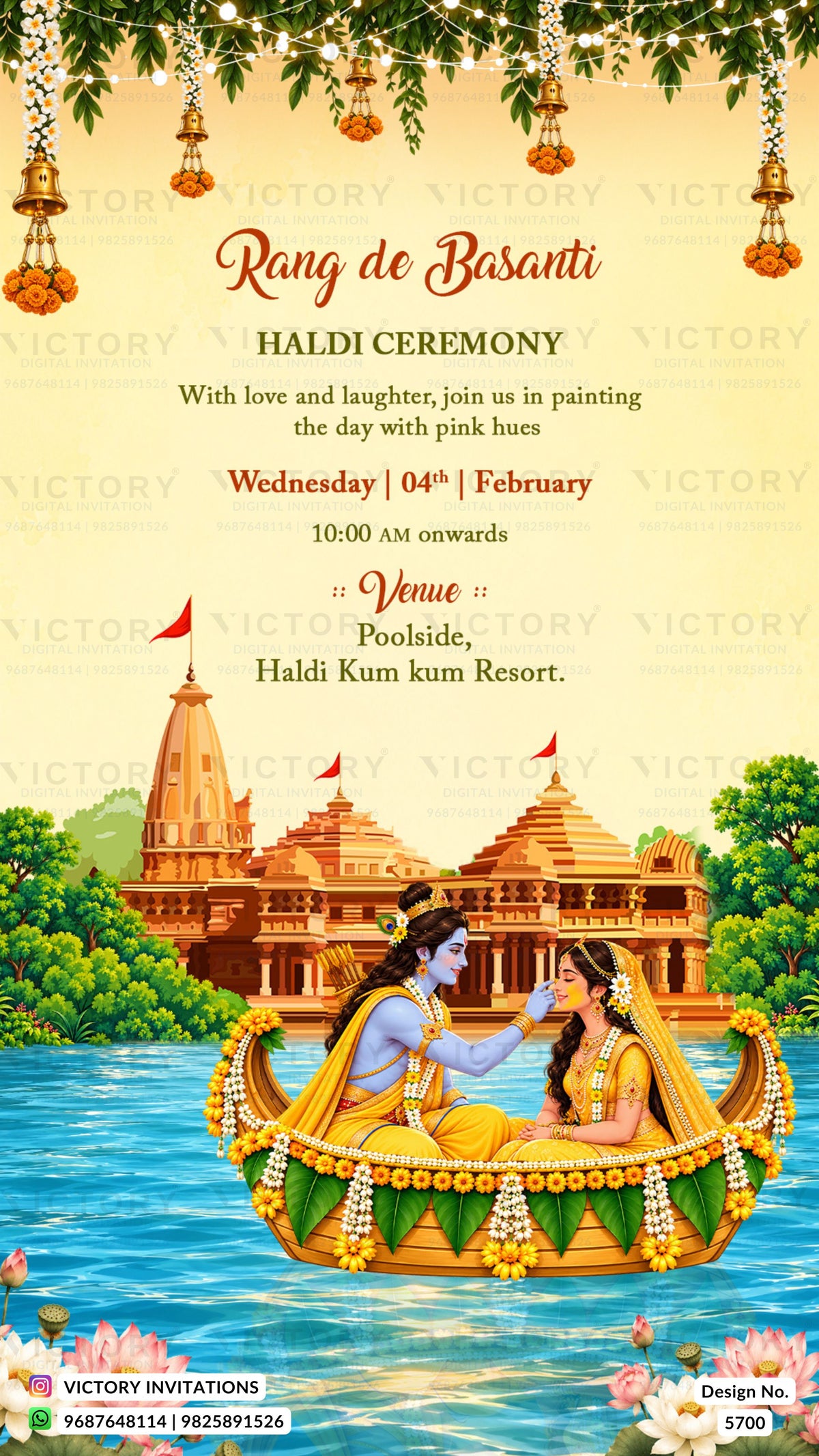 A festive Rang de Basanti Haldi ceremony invitation card featuring a traditional Indian illustration of Lord Krishna and Sita in a boat on a river, with a temple in the background and hanging lanterns at the top.