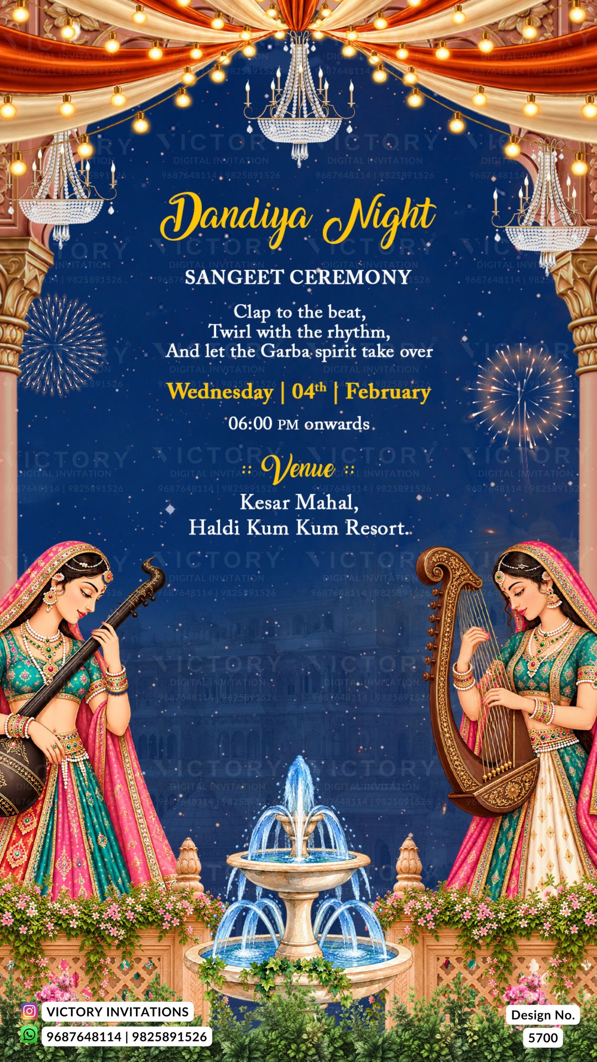 A festive Dandiya Night Sangeet Ceremony invitation card featuring a deep blue starry night background, ornate golden arches, hanging chandeliers, fireworks, and two illustrated women playing traditional instruments. The text details the event time, venue, and song list, with Victory Invitations branding at the bottom.