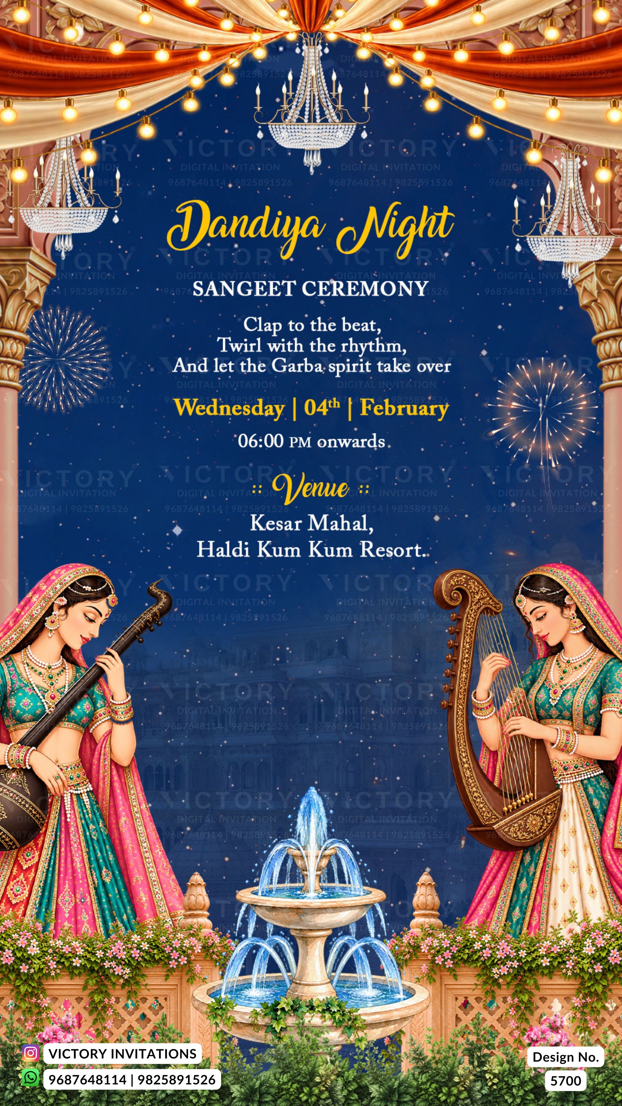 A festive Dandiya Night Sangeet Ceremony invitation card featuring a deep blue starry night background, ornate golden arches, hanging chandeliers, fireworks, and two illustrated women playing traditional instruments. The text details the event time, venue, and song list, with Victory Invitations branding at the bottom.