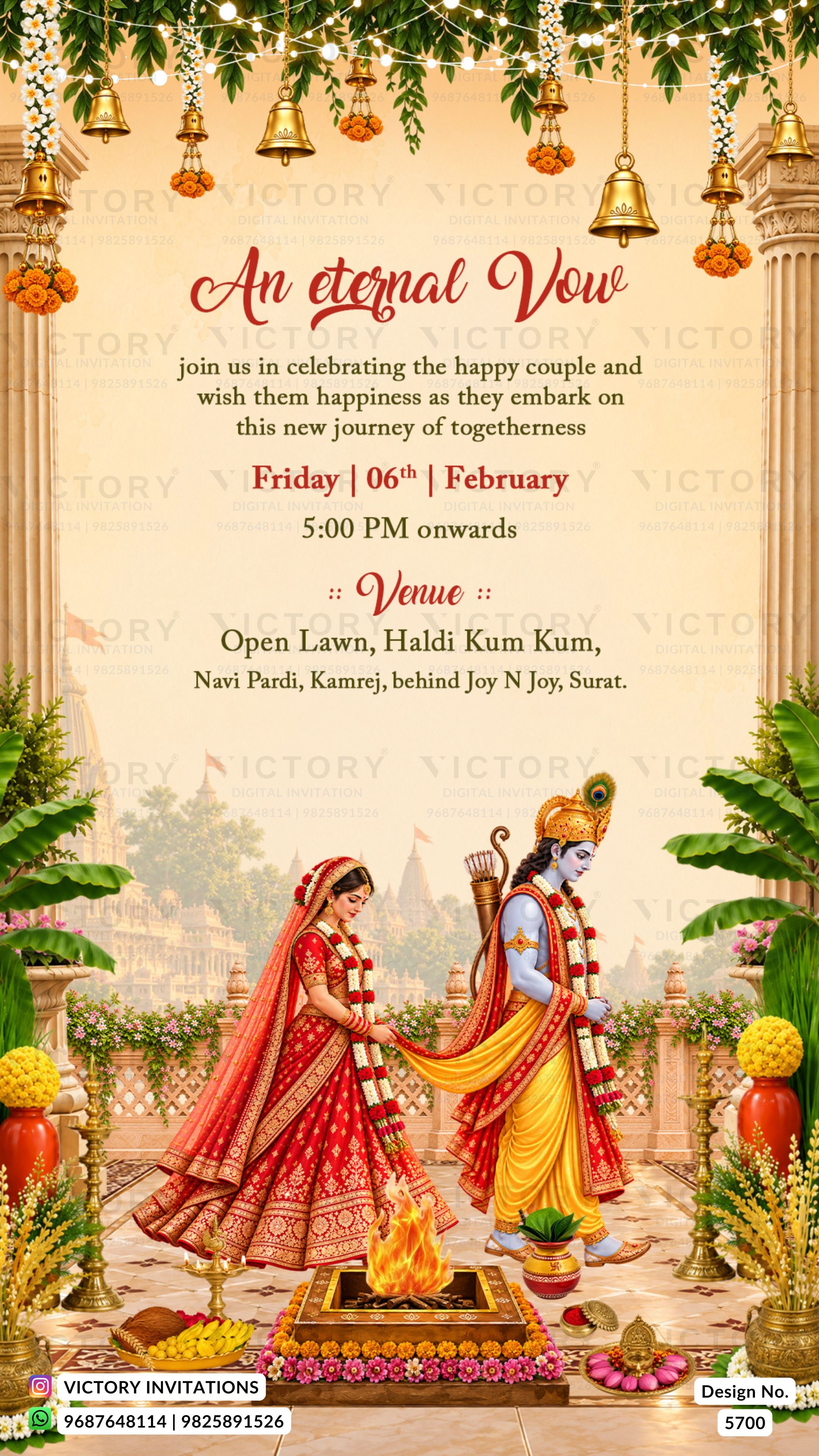 A festive Indian wedding invitation card featuring a traditional illustration of Lord Krishna and the bride under hanging bells and floral garlands, with event details written in elegant red and black text on a warm beige background.