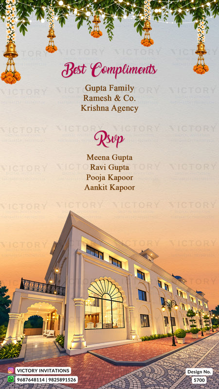 A digital RSVP card design for an event, featuring a photograph of a modern white villa at sunset, with elegant pink and gold text reading 'Best Compliments' and 'RSVP' followed by names. The top is decorated with hanging orange lanterns and green leaves, and the entire design is watermarked with 'VICTORY INVITATIONS'.