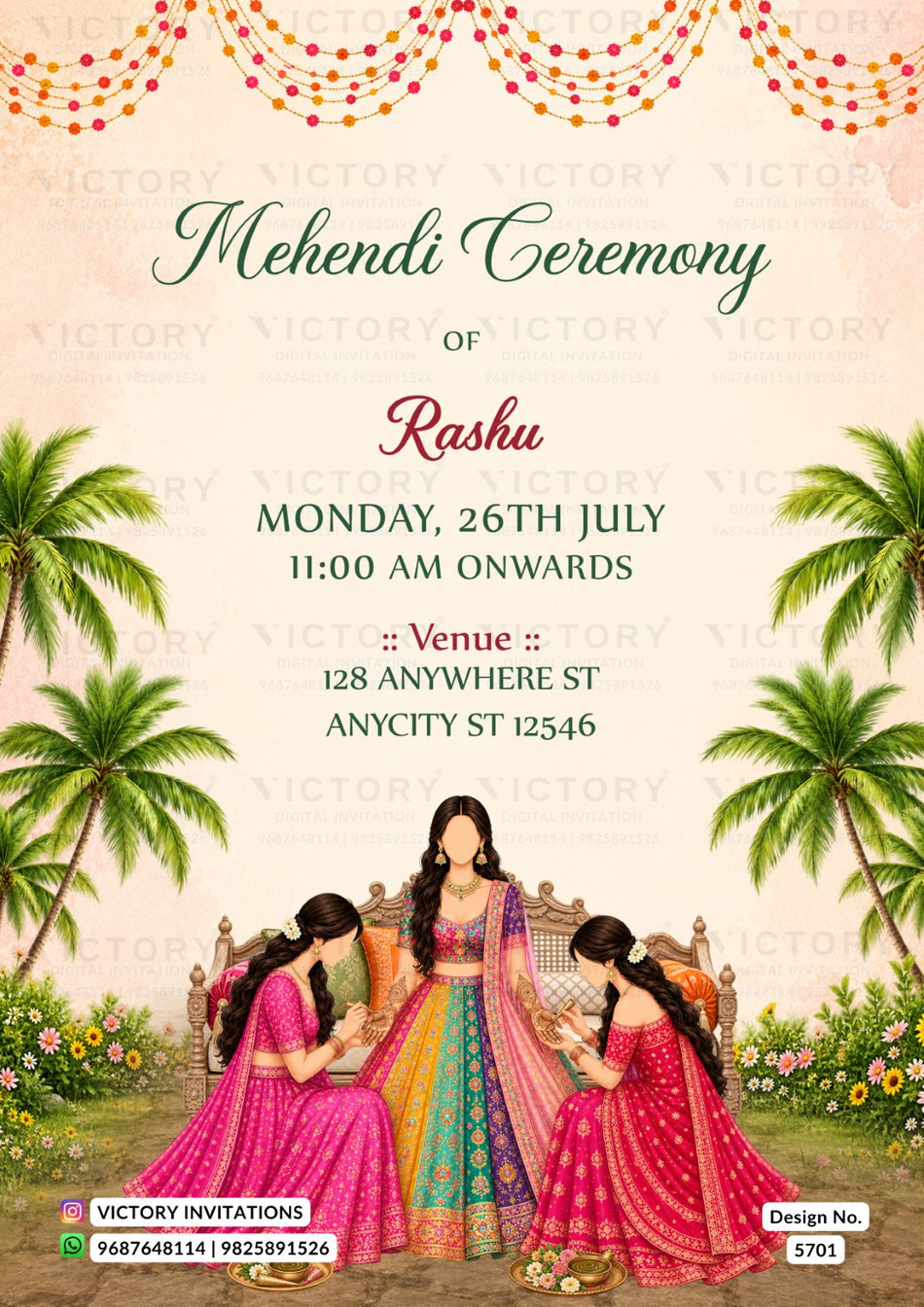 A digital invitation card for a Mehndi Ceremony of Rushi, featuring a festive Indian theme with illustrations of women in traditional attire, palm trees, and a cream-colored background with decorative garlands.