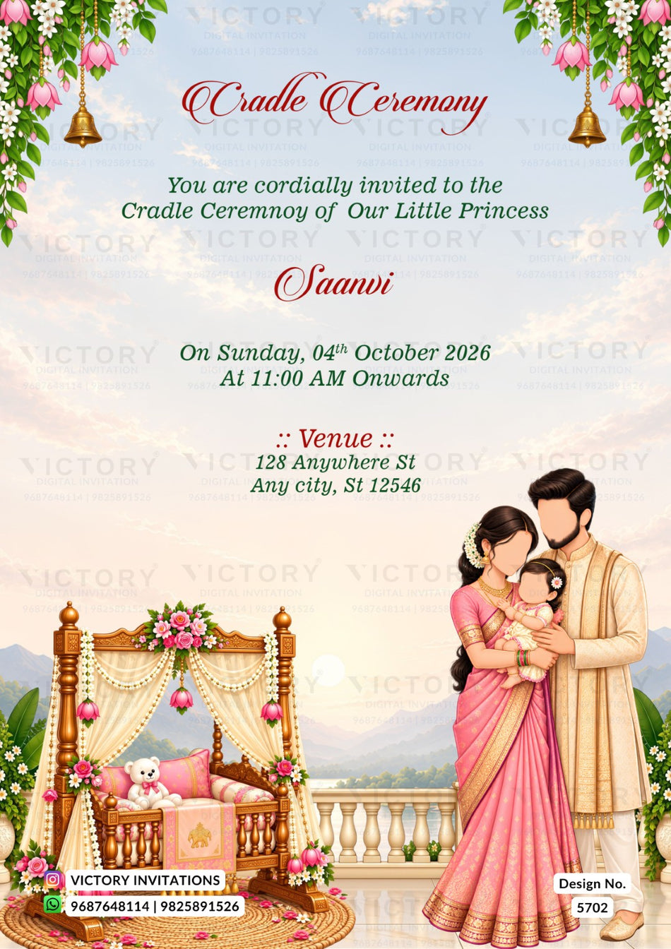 Cradle Ceremony invitation card for a little princess named Saanoi, featuring a decorative floral border, elegant red and green text, and an illustration of a traditional canopy bed with a bride and groom holding the baby at the bottom.