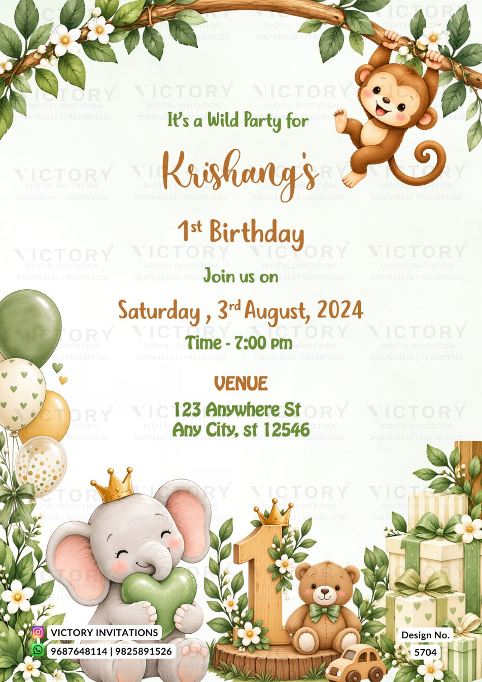 A children's first birthday invitation card with a jungle and elephant theme. The design features a cute brown monkey hanging from a leafy branch at the top right, a smiling cartoon elephant holding a green heart at the bottom left, a wooden number 1 birthday cake, a teddy bear, balloons, and wrapped gifts.