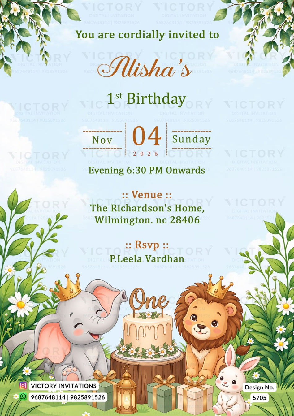 A first birthday invitation card featuring a light blue sky and clouds background, decorated with green leaves and white flowers at the corners. The text reads 'You are cordially invited to Alisha's 1st Birthday' with event details in the center.