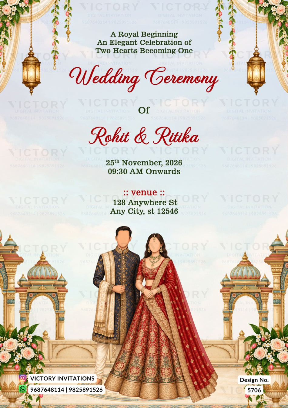 A wedding invitation card design with elegant text reading 'Wedding Ceremony Of Rohit & Ritika' and event details, decorated with hanging lanterns, floral garlands, and an illustrated couple in traditional Indian attire against a pastel architectural background. The brand 'Victory Invitations' is visible at the bottom.