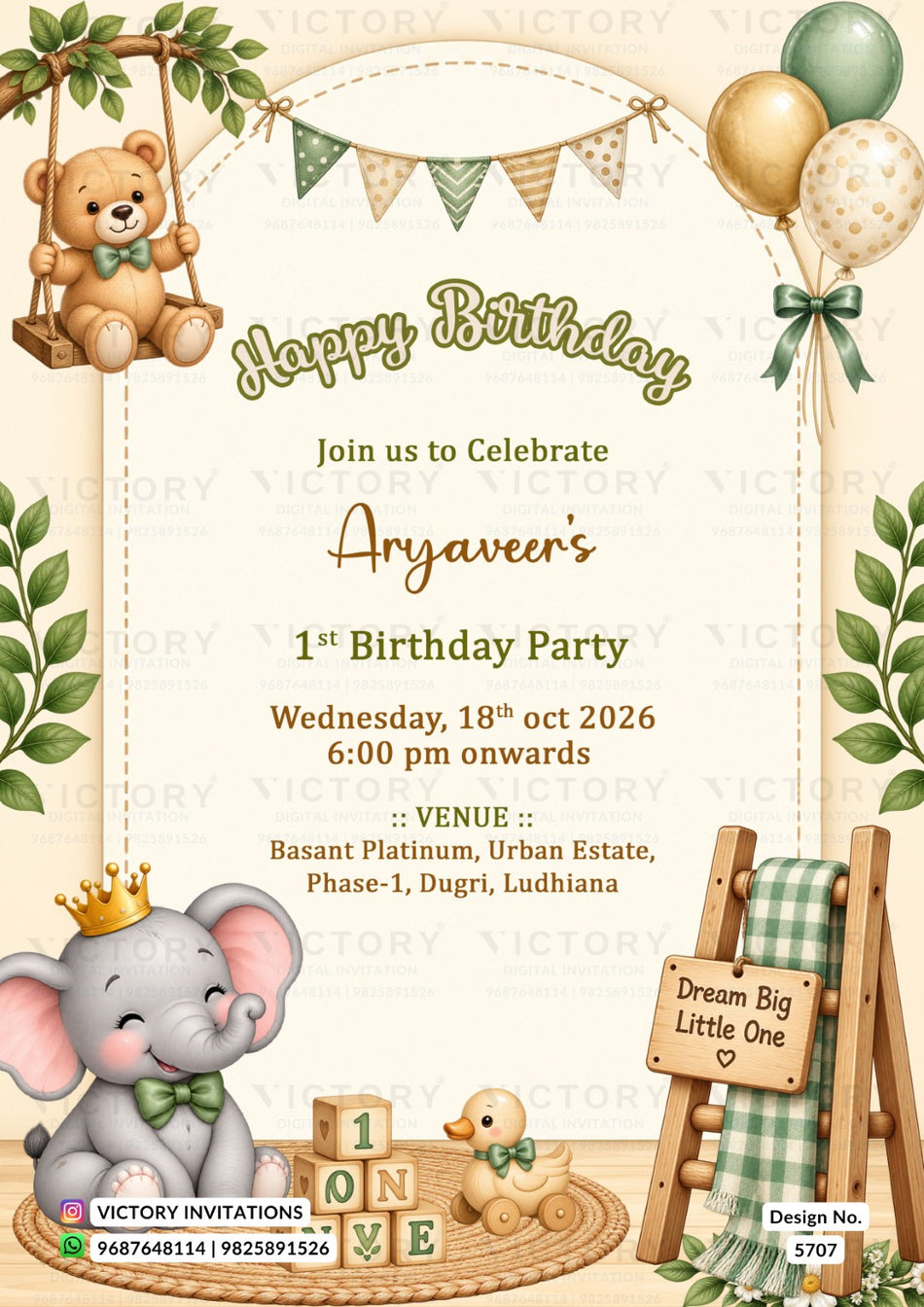 A baby first birthday invitation card featuring a cute cartoon illustration of a teddy bear on a swing, a gray elephant wearing a gold crown, balloons, bunting, and a small wooden duck. The text reads 'Happy Birthday Aryaveer's 1st Birthday Party' with event details below.