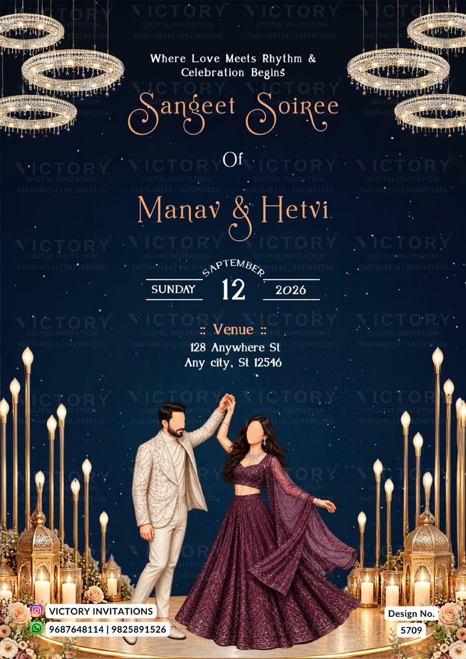 A digital wedding invitation card design for 'Sangeet Soiree of Manav & Hevi' on Sunday, 12th September 2026. The design features a dark navy blue background with a starry sky, elegant gold typography, and an illustration of a couple dancing under hanging chandeliers and lit candles.