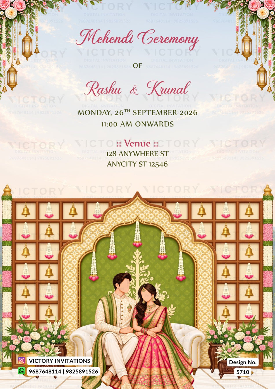 A digital Mehendi ceremony invitation card featuring a traditional Indian wedding theme. The top half has a light blue sky background with pink text reading 'Mehendi Ceremony OF Rashi & Kuval' and event details.