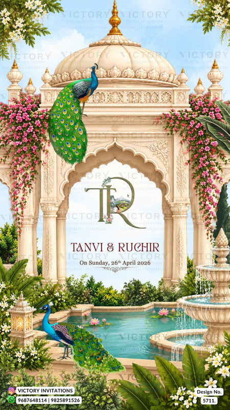 A wedding invitation card featuring an ornate Indian-style white marble mandapa with a fountain, lush green foliage, pink flowers, and peacocks. The central arch has a monogram 'TR' with the names 'TANVI & RUCHIR' and the date 'On Sunday, 26th April 2026'.