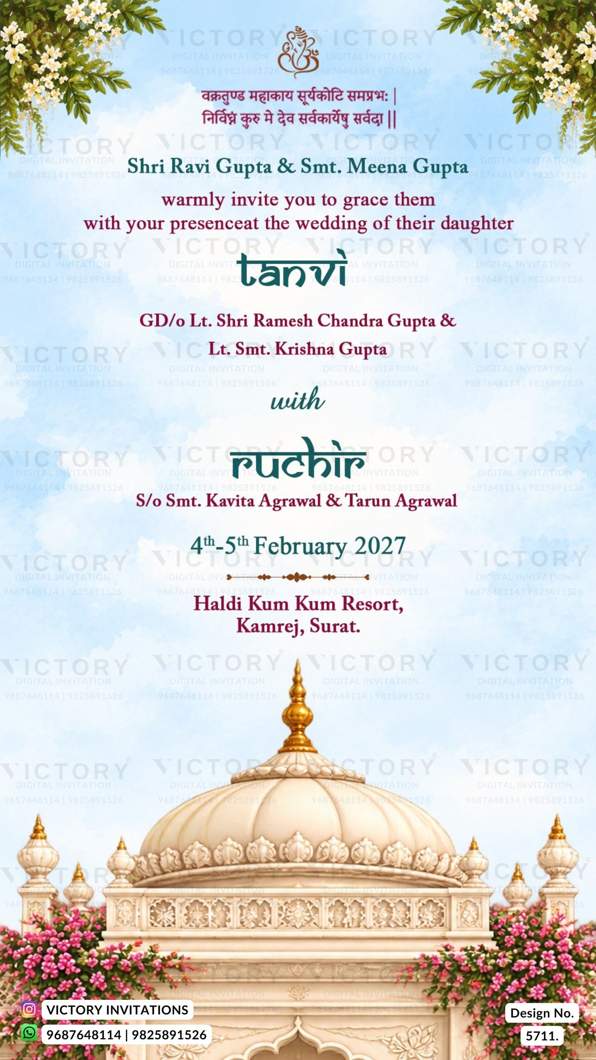 Wedding invitation card design with a light blue sky background, floral borders, and a white domed temple illustration at the bottom. The card contains wedding details in Hindi and English, including names of the bride and groom's parents, the word 'tanvi' in teal script, and the date '4th-5th February 2027'.