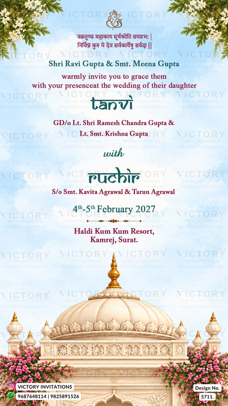 Wedding invitation card design with a light blue sky background, floral borders, and a white domed temple illustration at the bottom. The card contains wedding details in Hindi and English, including names of the bride and groom's parents, the word 'tanvi' in teal script, and the date '4th-5th February 2027'.