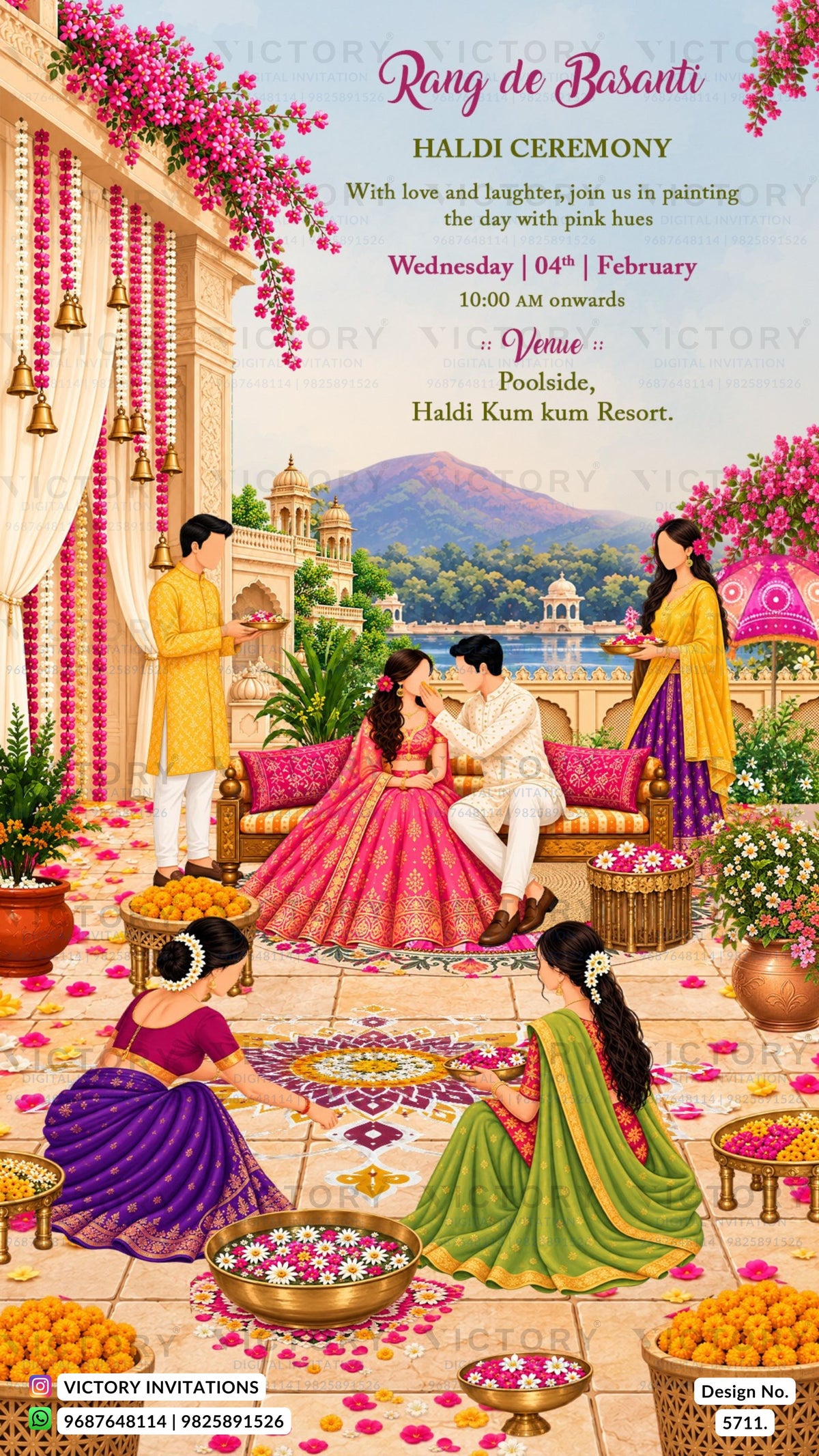 A colorful Haldi ceremony invitation card featuring an illustrated traditional Indian courtyard scene with people, pink floral decorations, and event text reading 'Rang de Basanti' and 'Haldi Ceremony.'.