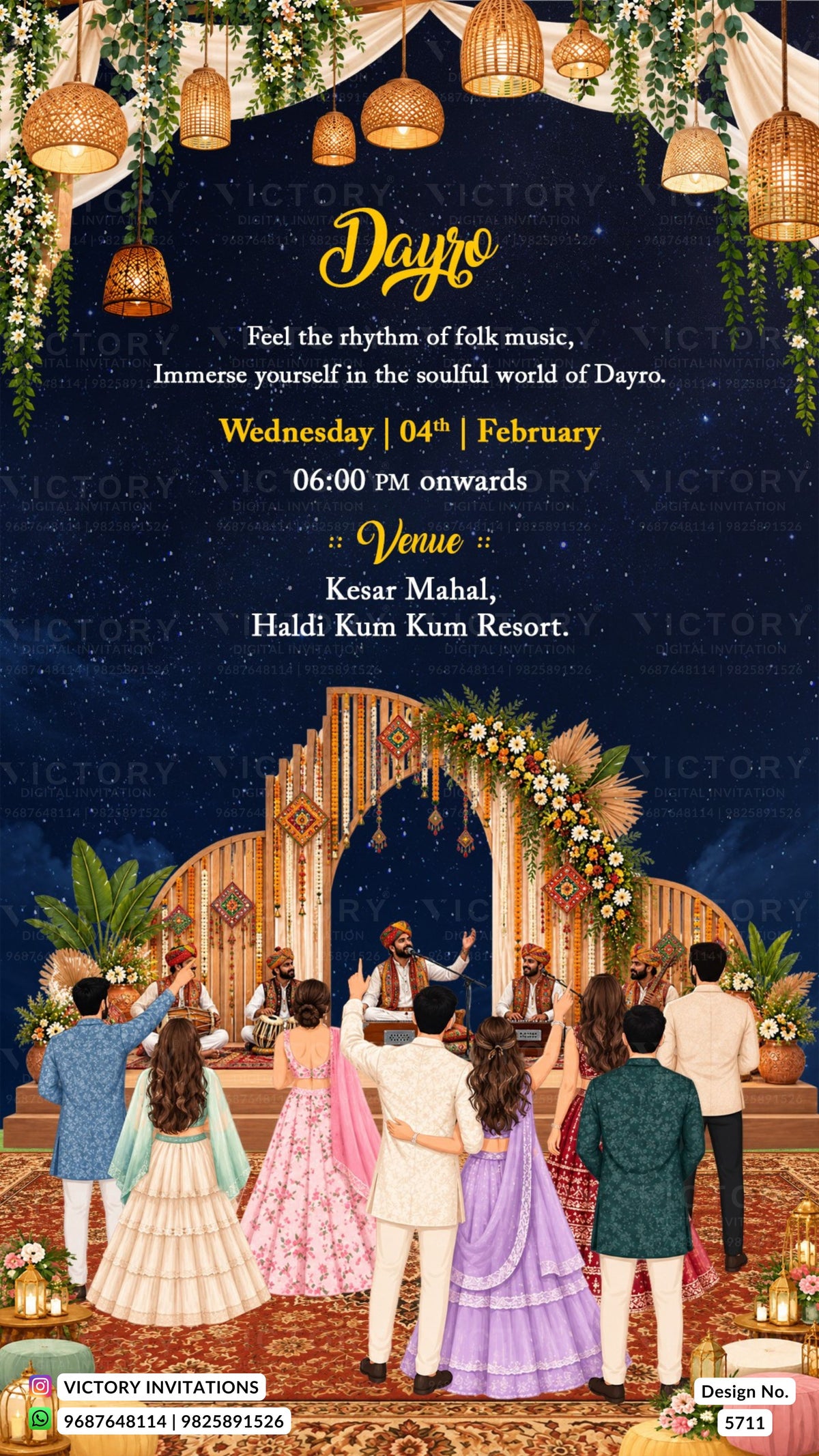 A digital invitation card for a Dayro wedding, featuring a dark navy blue starry sky background with gold text, decorative hanging lanterns, and an illustration of a traditional outdoor wedding ceremony with guests at the foreground.