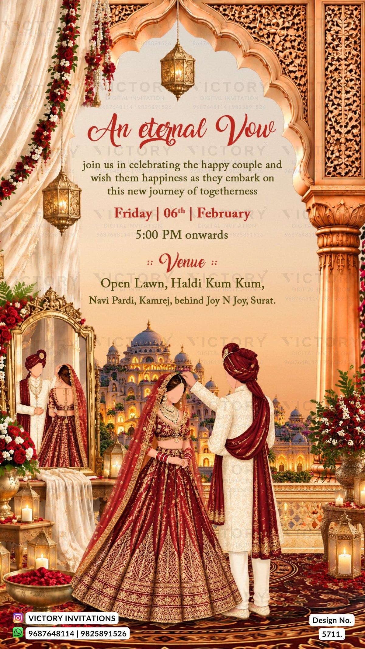 A decorative wedding invitation card with an ornate Indian palace scene, two formally dressed couples, and elegant text reading 'An eternal Vow' with event details below.