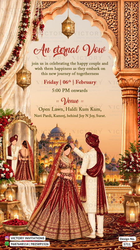 A decorative wedding invitation card with an ornate Indian palace scene, two formally dressed couples, and elegant text reading 'An eternal Vow' with event details below.
