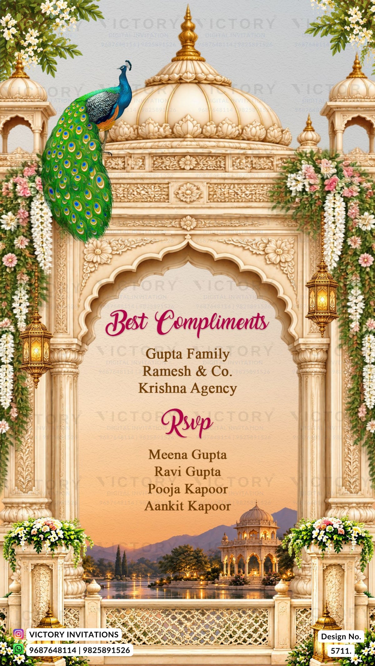 A decorative wedding invitation card featuring an ornate cream-colored palace archway with a peacock, floral garlands, and a sunset lake scene at the bottom. The center contains event text reading 'Best Compliments,' 'Gupta Family,' 'Ramesh & Co.