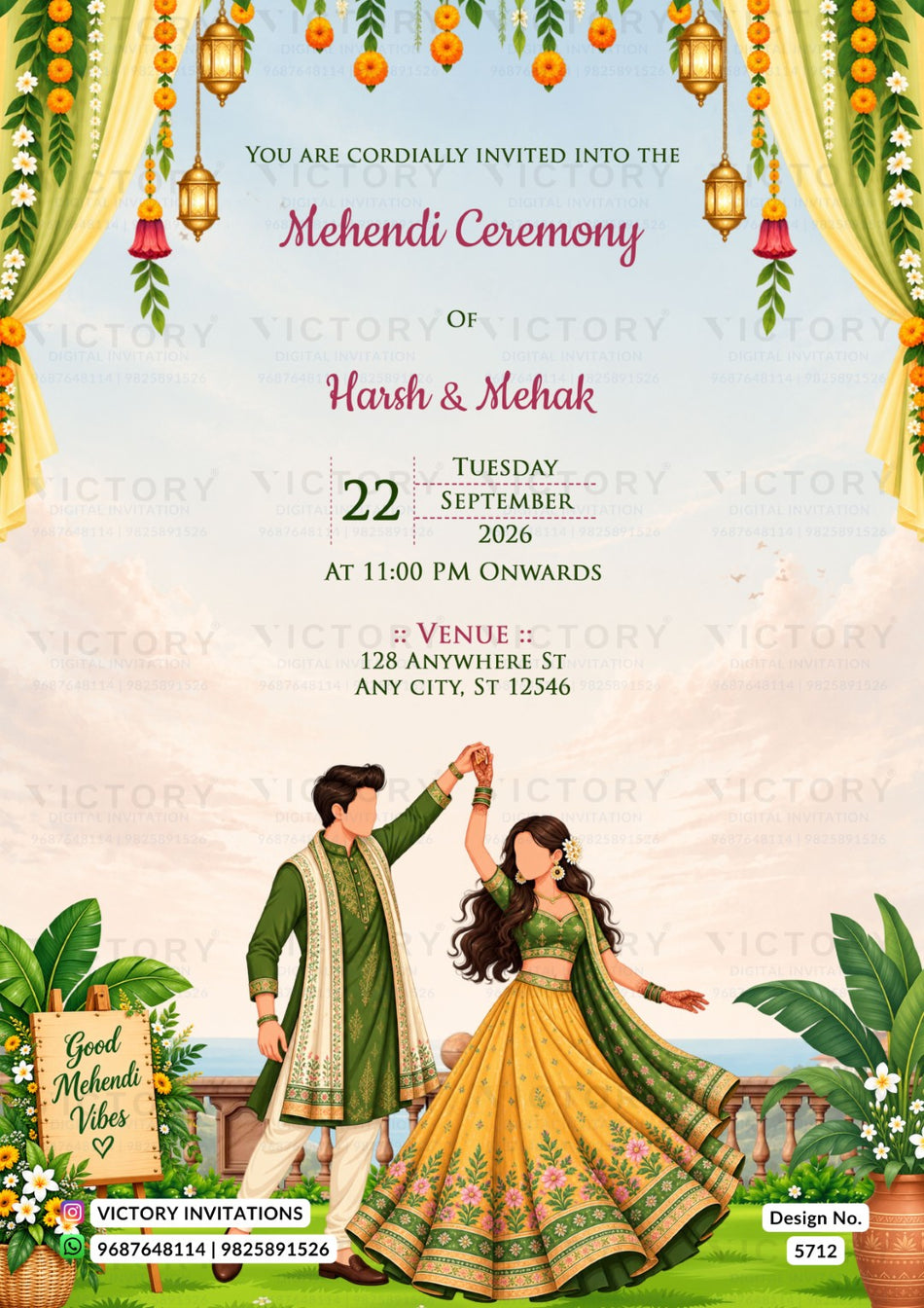 A festive Indian mehndi ceremony invitation card featuring a traditional illustration of a bride and groom dancing, with ornate hanging lanterns, floral borders, and event details in the center.