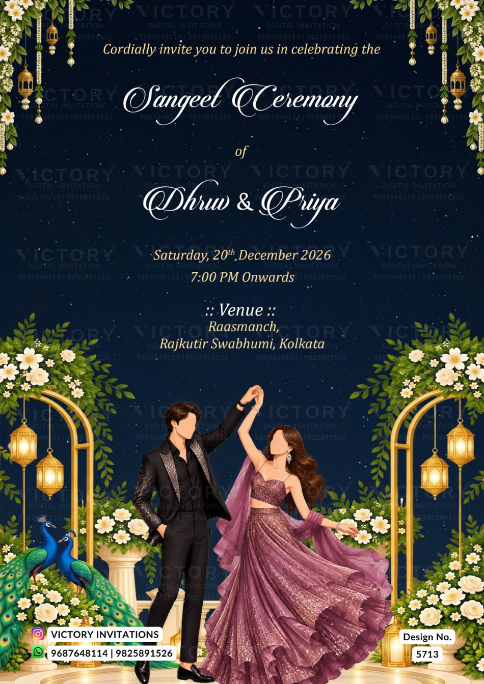 A digital invitation card for a Bengali wedding (Sangeet Ceremony) featuring a dark navy blue background with elegant white text, decorated with gold hanging lamps, green foliage, white flowers, and a couple in traditional attire dancing at the bottom.