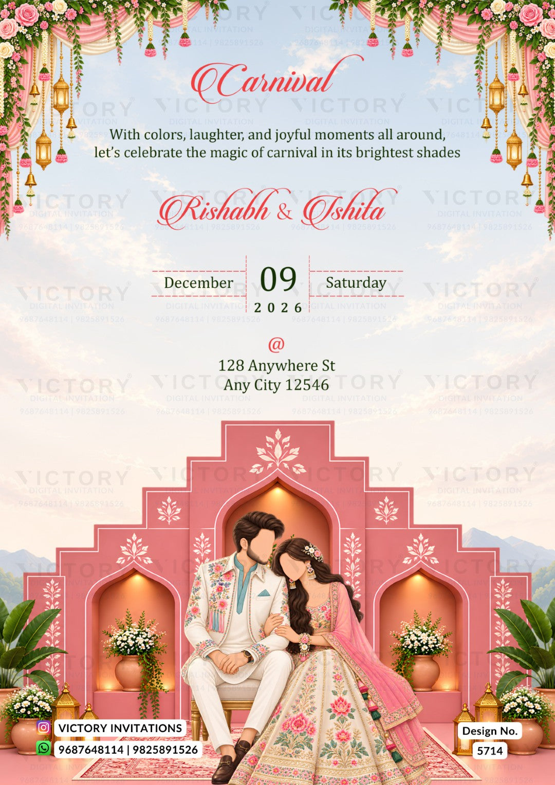 A festive Carnival invitation card featuring a pink traditional Indian architectural backdrop with a seated couple in ornate clothing. The top portion contains decorative floral garlands, hanging lanterns, and elegant script text reading 'Carnival' and 'Rishabh & Asha,' with event details below.