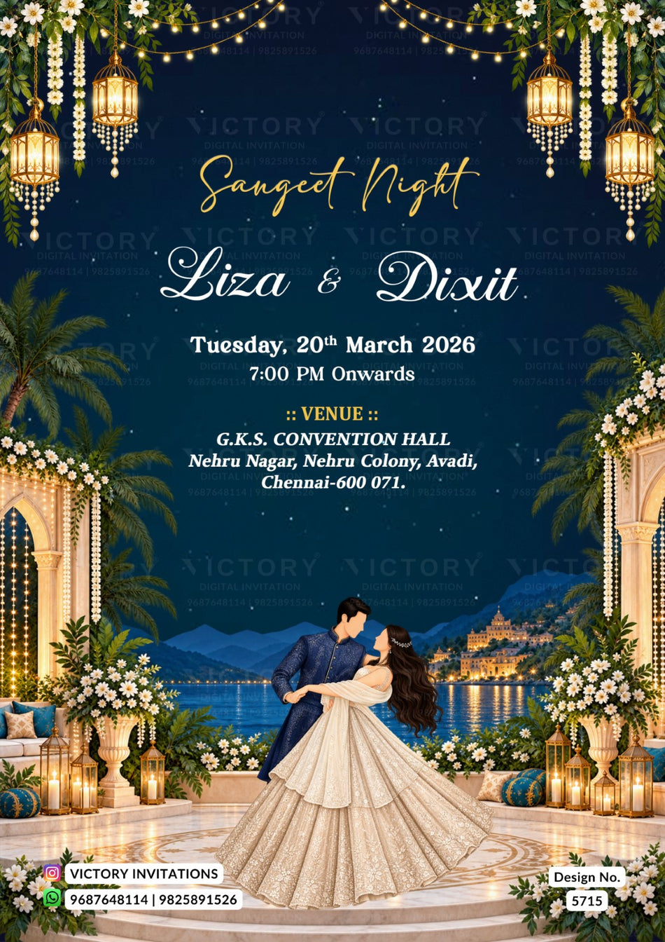 A festive wedding invitation card for 'Sangeet Night' featuring a romantic couple under hanging lanterns and palm trees, with event details and venue information printed on a dark blue background.