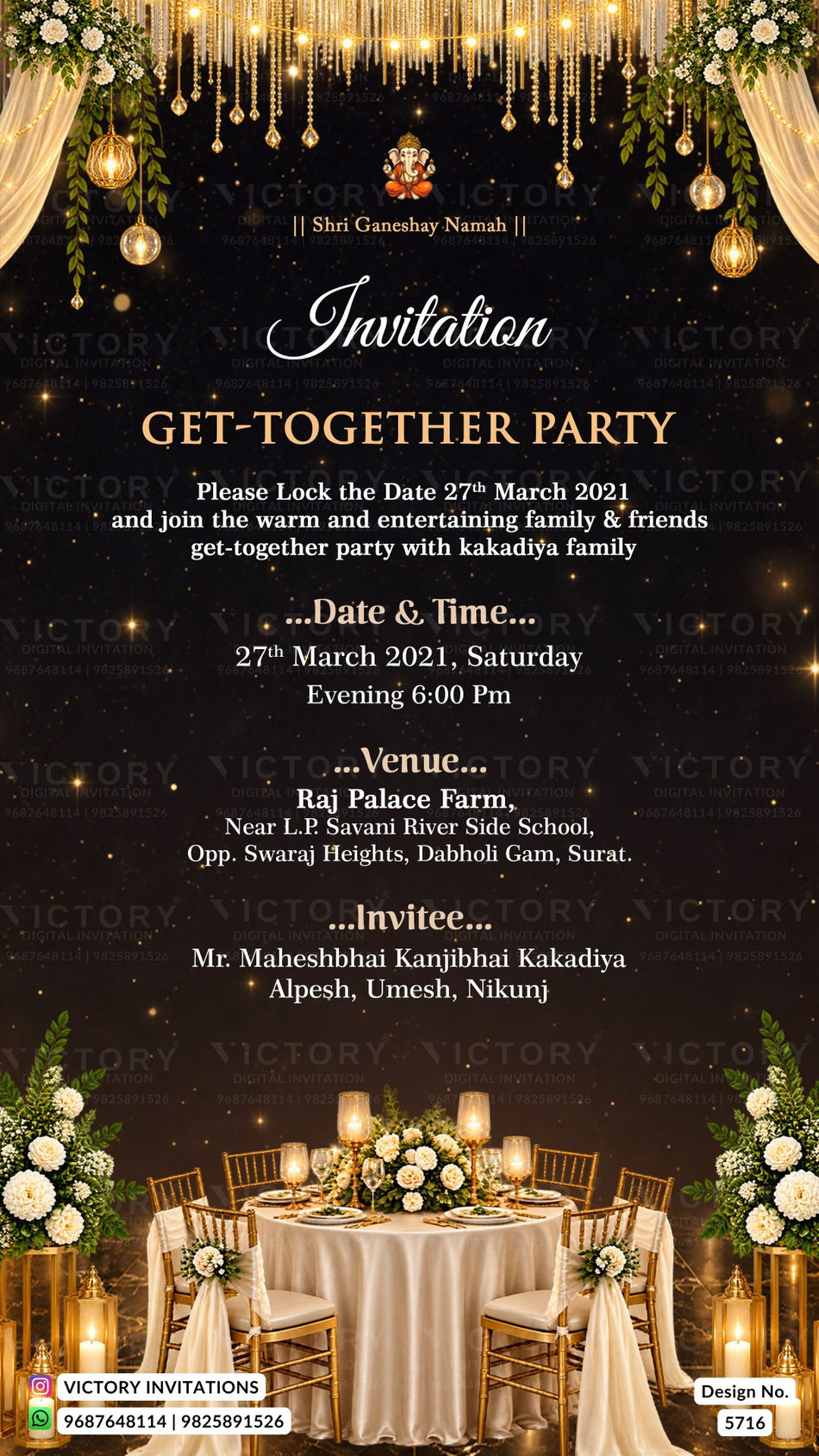 A digital invitation card for a get-together party, featuring a dark starry night sky background with gold glitter, hanging gold ornaments, and elegant draped gold curtains at the top. The center contains white and gold text detailing the event date, time, venue, and invitation details.