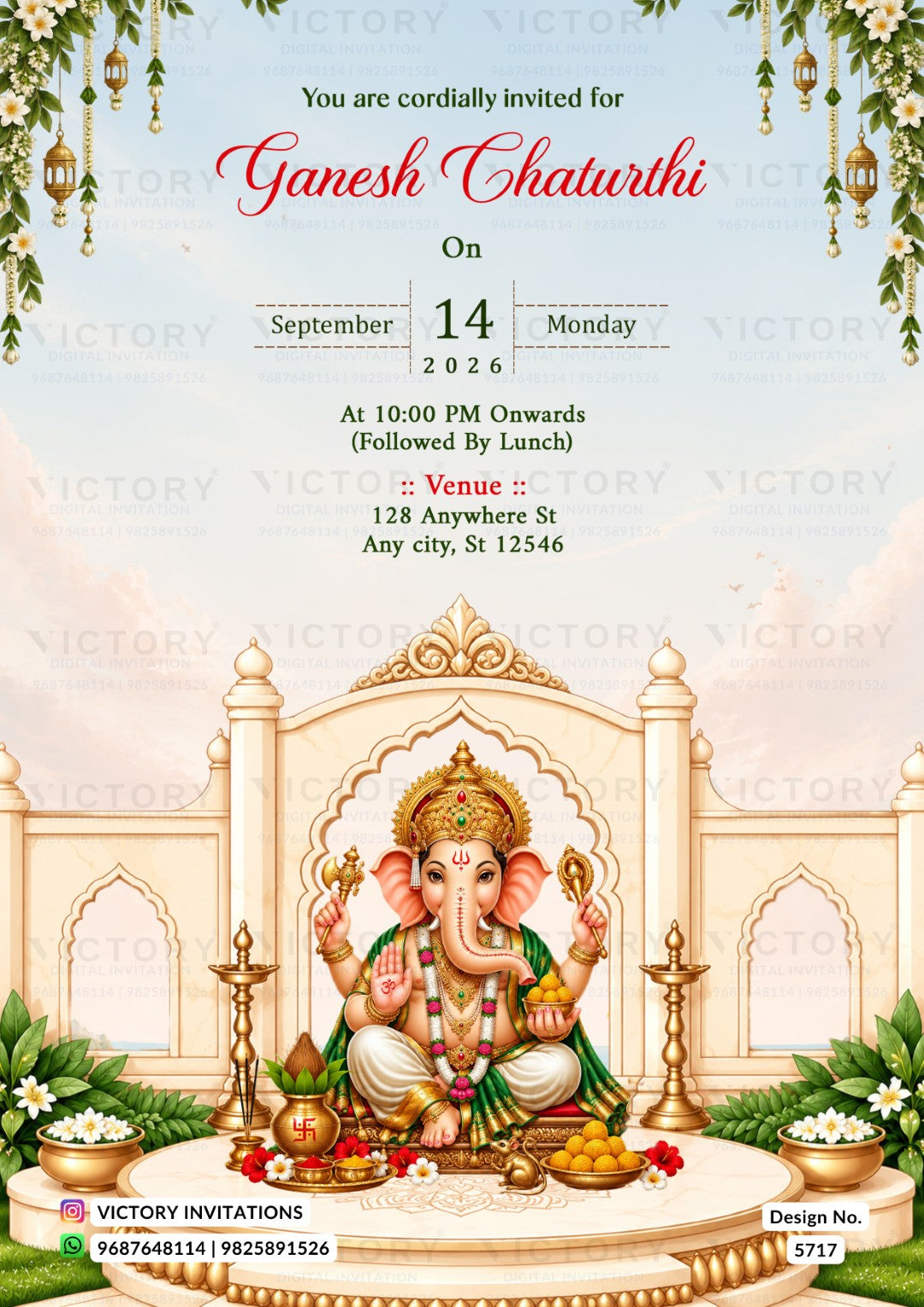 A festive Ganesh Chaturthi invitation card featuring a detailed illustration of Lord Ganesha seated on a decorated platform, with event details written above in elegant text. The design includes hanging lanterns, green foliage, and a soft pastel sky background, with Victory Invitations branding at the bottom.