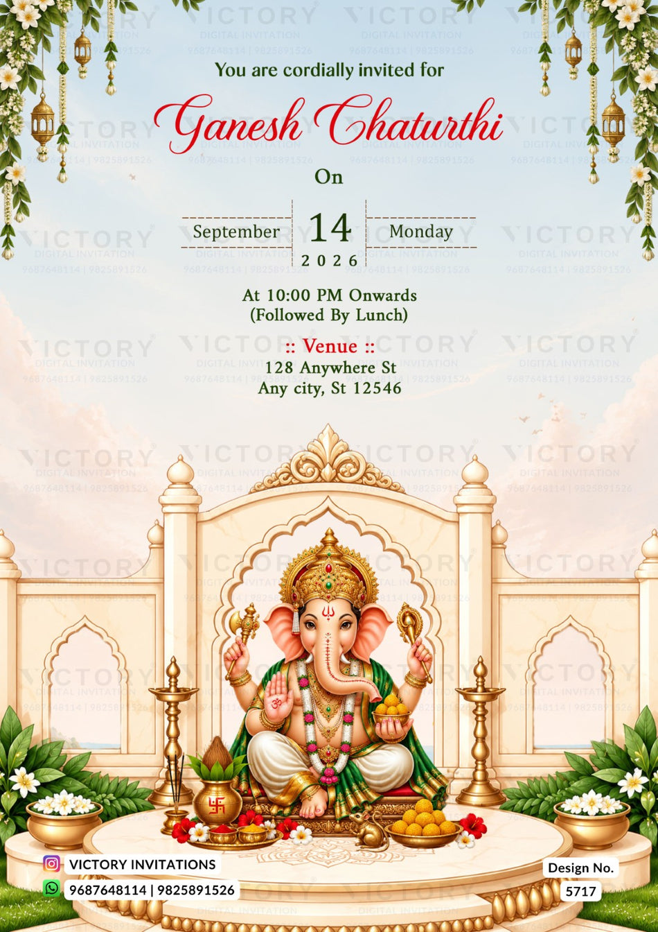 A festive Ganesh Chaturthi invitation card featuring a detailed illustration of Lord Ganesha seated on a decorated platform, with event details written above in elegant text. The design includes hanging lanterns, green foliage, and a soft pastel sky background, with Victory Invitations branding at the bottom.